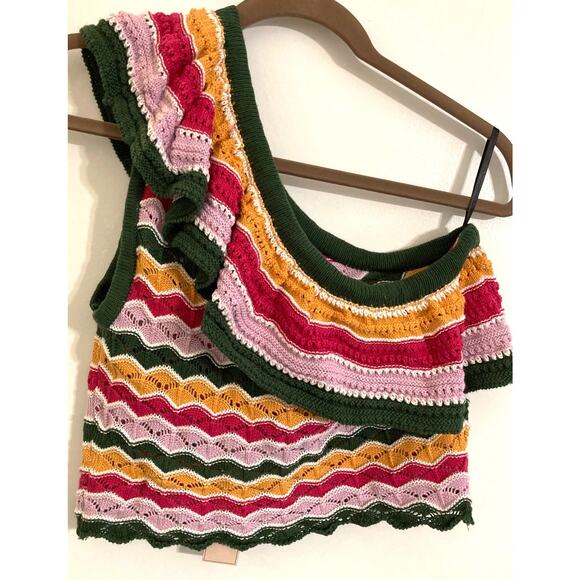 BCBGeneration One Shoulder Zigzag Crochet Crop Top Sz Medium in Multi Stripe NWT - Picture 2 of 4